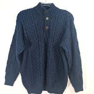 Aran Woollen Mills Fisherman Chunky Knit Sweater Henley Mock Neck Blue XL IRL